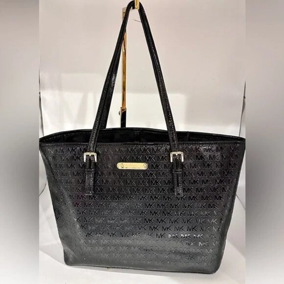Michael Kors Shiny Black MK Logo Tote - Picture 1 of 9
